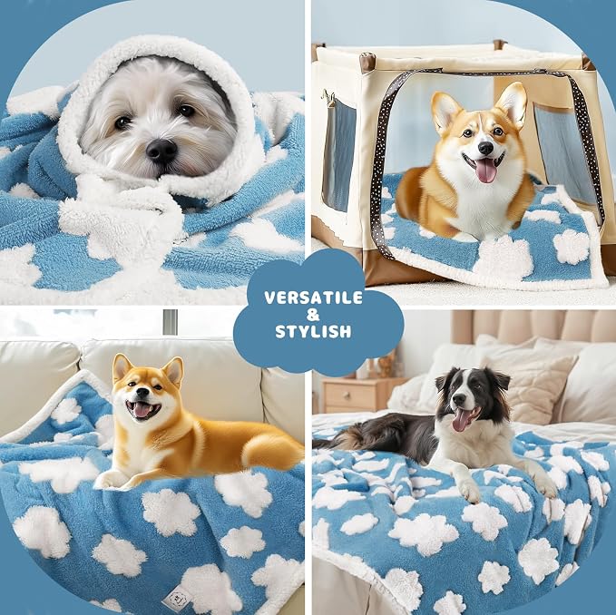 Luciphia Waterproof Pet Blanket for Medium Large Dogs Washable Fluffy Thick Jacquard Shag Fleece Warm Sherpa 3D Textured Flower Print for Cats Puppy Couch Protection (Blue Cloud,57x40 inches)