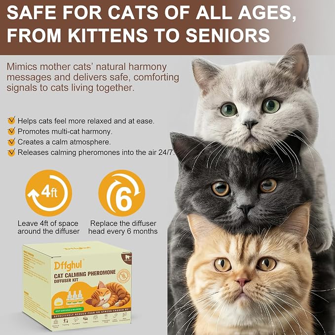 Calming Pheromone Diffuser for Cats, Relieve Anxiety and Stress Calming Diffuser for Cats 3 Refills, Reduce Fighting and Scratching
