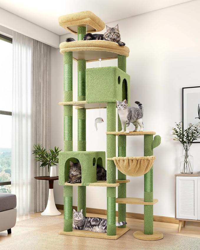 Globlazer Cactus Giant Cat Tree for Indoor Large Cats, 83in, F83, Green | XXL Cat Tower with 9 Scratching Posts for 20lb+ Heavy Duty Large Adult Cats