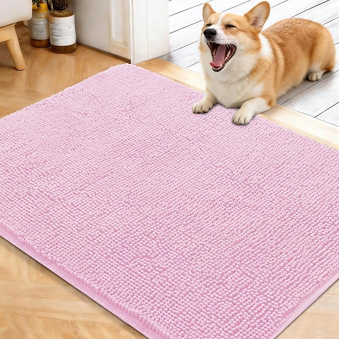 OLANLY Dog Door Mat for Muddy Paws 40x32, Super Absorbent Chenille Mud Mat | Pink, Absorbs Moisture and Dirt, Non-Slip Machine Washable Doormat, Quick-Drying Indoor Entryway Floor Carpet for Dogs