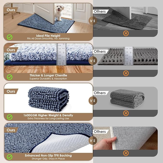 EHEYCIGA Super Absorbent Dog Door Mat for Muddy Paws 60x24 Inch Indoor, Front Doormat Outside Entrance, Quick Dry Chenille Washable Dog Crate Bed, Non-Slip Pet Rug Mud Mat Outdoor Entryway, Navy Blue