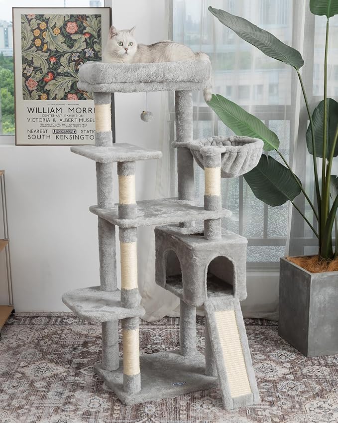 54 Inches Cat Tree, Tall Cat Tower with Hammock, Condo and Scratching Pad, Cat House with Plush Perch for Indoor Cats Adult
