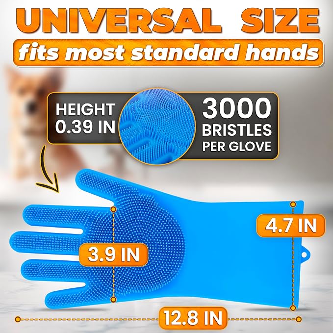 2-in-1 Cat and Dog Shampoo Gloves with 3000 Soft Silicone Bristles (Blue) | 11.6" Dog Bath Gloves for Massage, Grooming & Clean Wet or Dry; Saves Shampoo; for Every Breed and Coat Style; Universal Size