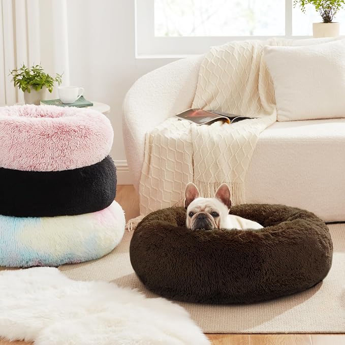 Love's cabin 24in Cat Beds for Indoor Cats - Cat Bed with Machine Washable, Waterproof Bottom - Dark Brown Fluffy Dog and Pet Calming Cushion Bed for Joint-Relief and Sleep Improvement