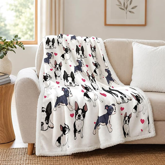 BlessLiving 60x80 Sherpa Fleece Throw Blanket, Boston Terrier | sherpa fleece. boston terrier print; for couch, bed, or sofa.