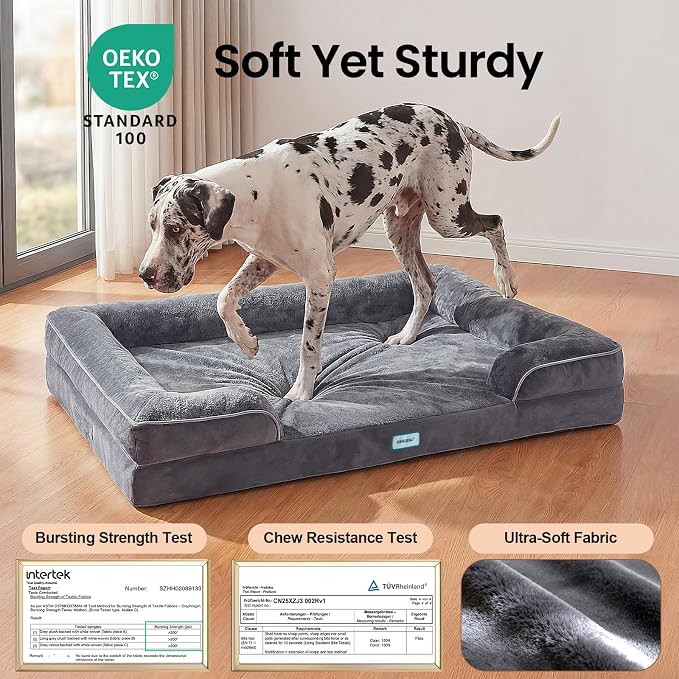 OhGeni Orthopedic Dog Bed Couch Big Cat Sofa for Jumbo Sized Pets with Memory Foam, Machine-Washable Waterproof Removable Cover, Soft Comfortable Fabric, 52-inch (Gray)
