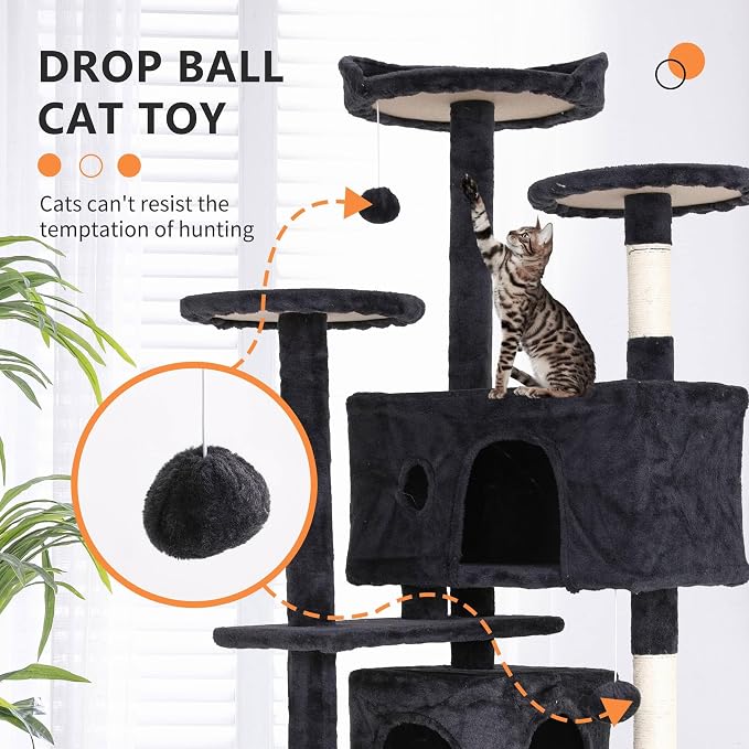 Cat Tree for Indoor Cats, Multi-Level Cat Tower with Scratching Posts & Cozy Condo, Space Saving Cat Activity Center, Durable Pet Play House (54in,Dark Gray)