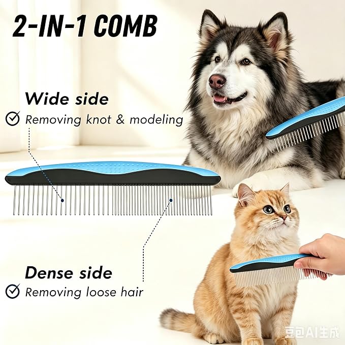Dog Deshedding Rake for Shedding, Double-Sided Grooming Tool for Dogs & Cats, Gentle Skin-Friendly Pet Brush for Long and Short Hair Breeds, Removes Loose Hair and Keeps Coats Healthy (Brush & Comb)