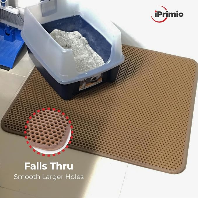 iPrimio Cat Litter Trapper Mat, Waterproof, Double Layer, 32" x 30", Brown | Double layer honeycomb traps scattered litter while the waterproof base blocks urine. Soft on paws and empties in one pour.