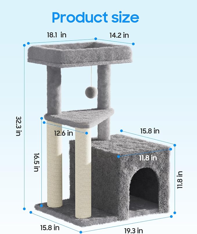 Cat Tree Tower for Indoor Cats, 33 Inches Multi-Level Cat Condo with Scratching Posts, Large Perch, Hanging Toy for Large Adult Cats, Gray