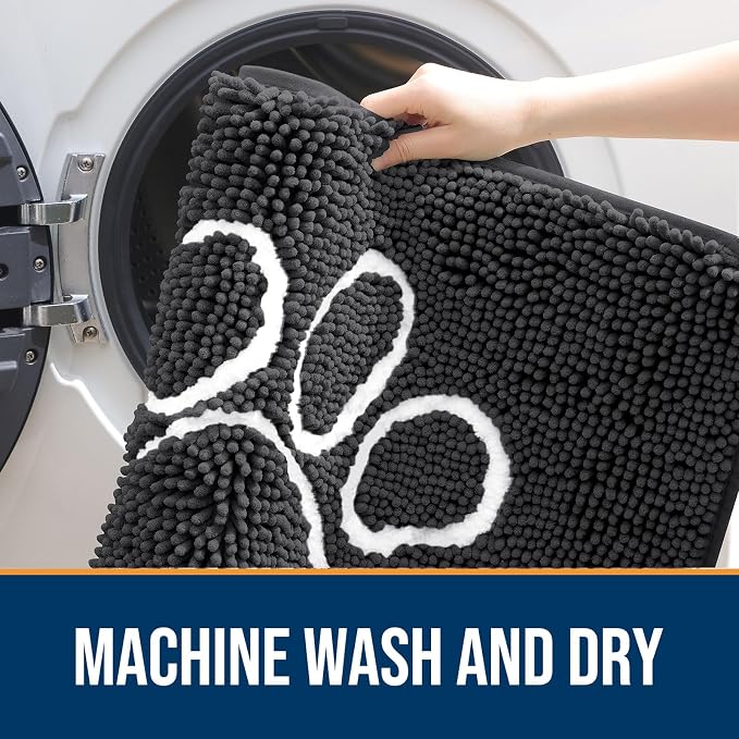 OLANLY Dog Door Mat for Muddy Paws 70x35, Paw Print Design Chenille Mud Mat | Dark Grey, Absorbent, Traps Moisture and Dirt, Non-Slip Washable Doormat, Quick-Drying Indoor Entryway Floor Carpet for Dogs