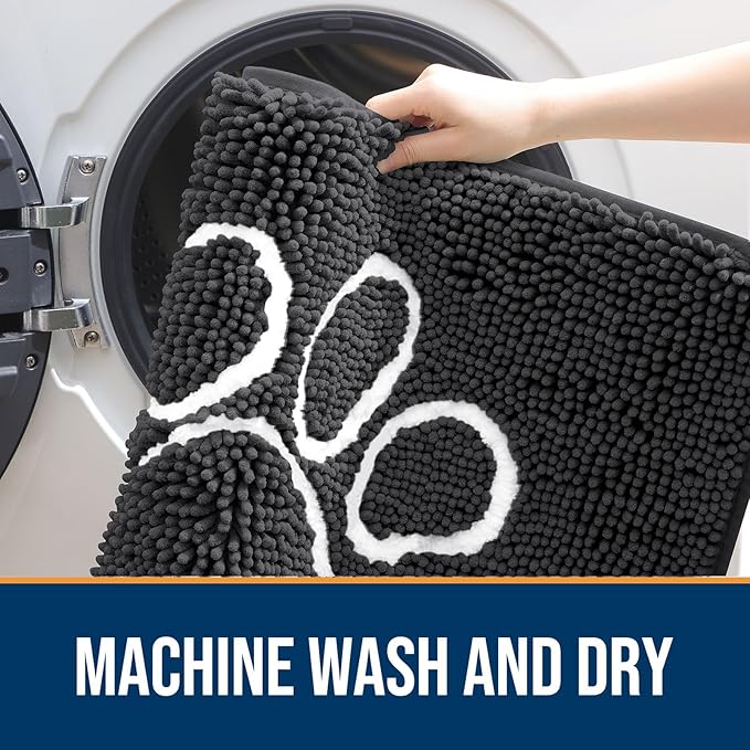 OLANLY Dog Door Mat for Muddy Paws 45x27, Paw Print Design Chenille Mud Mat | Dark Grey, Absorbent, Traps Moisture and Dirt, Non-Slip Washable Doormat, Quick-Drying Indoor Entryway Floor Carpet for Dogs