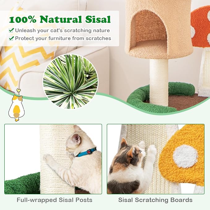 PETSITE Mushroom Cat Tree, 40.5-inch Tall Multi-Level Cat Tower with Natural Sisal Scratching Posts & Boards, Cat Condo and Spring Ball, Cute Cat Tree Tower for Indoor Cats Large Adults, Patented