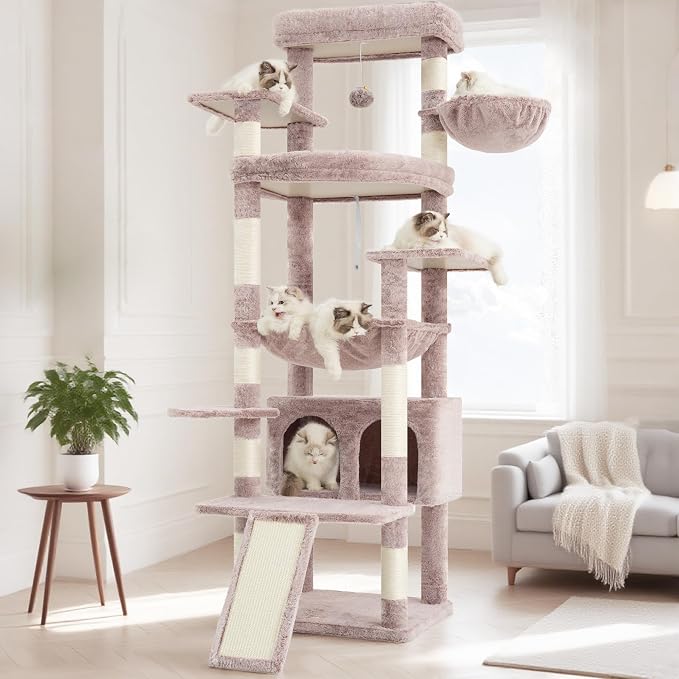 Heybly Tall Cat Tree for Large Cat, 80-inch Multi-Level Cat Tower HCT038MU | Condo Furniture for Indoor Cats with Large Baseboard, 2 Widened Plush Perches, Scratching Board, Big Caves, Rosy Brown