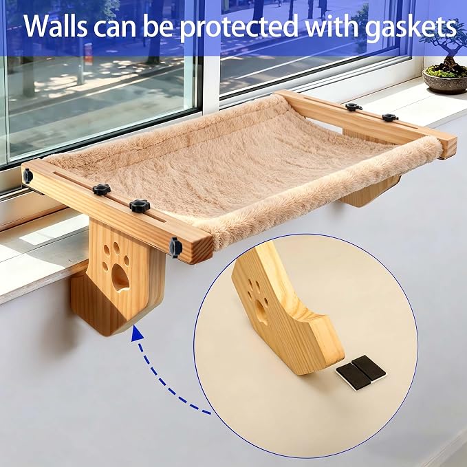 ESPETS Wooden Cat Window Bed for Large Cats, Khaki Cat Window Perch Hammock | Solid Wood Window Large Perch, Sturdy Large Size Shelves, Soft Thick Removable Cushion, Easy Assemble Adjustable, Hold 40LBS