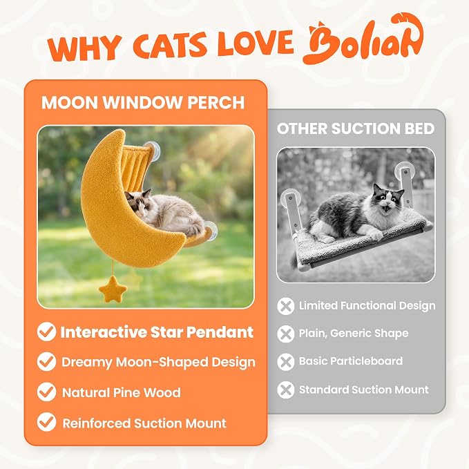Cat Window Perch Moon Shape, Large Cat Hammock Bed Washable | Suction Mount, Steel Brackets, Soft Fabrics, Natural Pine Wood, Space Saving, Tool-Free Assembly, Watch birds, Sunbathing