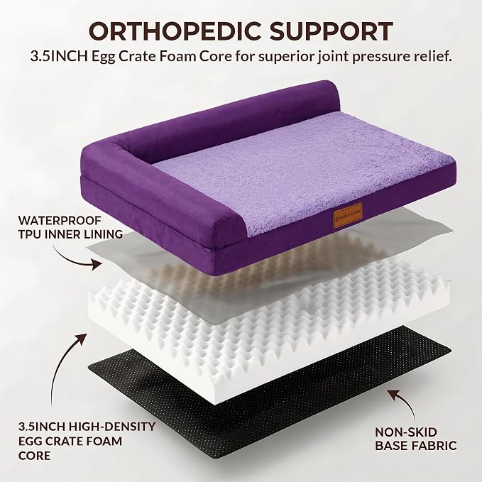 Patas Lague Orthopedic Large Dog Bed Washable Pet Sofa Bed 42''X28''Purple | 2-Sided Bolster Egg-Crate Foam Dog Couch Large Sized Dogs, Waterproof Removable Washable Cover, Nonskid Bottom Pet Crate Mat
