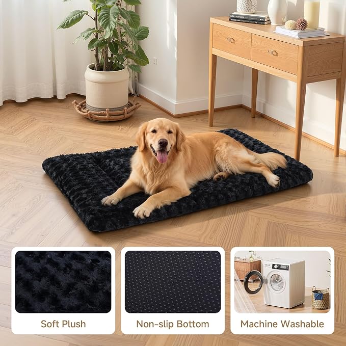 Exsnugy Washable Dog Bed Mat Large Size Fluffy Pet Crate Pad 42x28 XL | Non-Slip Bottom Kennel Beds Ultra Soft Comfy Sleeping Mattress for Large Medium Small Dogs Black