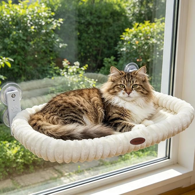 Cat Window Perch for Window with Solid Metal Frame and Ultra Soft Machine Washable Bed with 4-Sided Bolster, 4 Strong Suction Cups Window Resting Seat,Cordless Foldable Cat Hammock Bed
