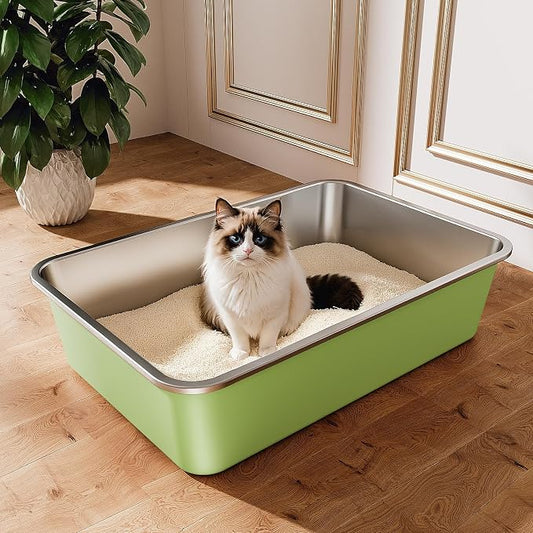 Qiuma Stainless Steel Litter Box, Large Metal Cat Litter Box with High Sided for Big and Small Cats, Non-Stick, Easy to Clean, Odor-Free, 23.4" L×15.6" W×5.9" H, Leaf Green