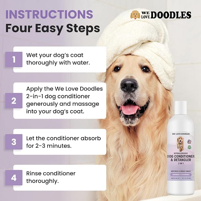2-in-1 Dog Conditioner & Detangler, for Doodles & Poodles, Lavender, 16OZ | Best Conditioner for Dogs With Allergies & Itchy Skin, Hypoallergenic & Tearless For Goldendoodle Puppy, Detangling Formula