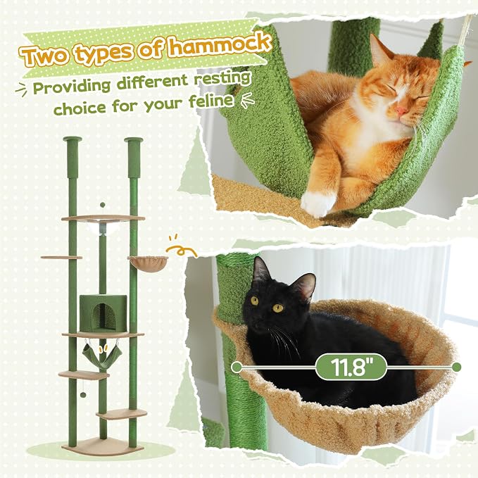 PEQULTI Floor to Ceiling Cat Tree, 92.9-101.6in Adjustable Cat Tower, Green | Adjustable tower braces floor to ceiling; cozy condo, large hammock, perches & 9 sisal posts on fan base with anti-tip strap