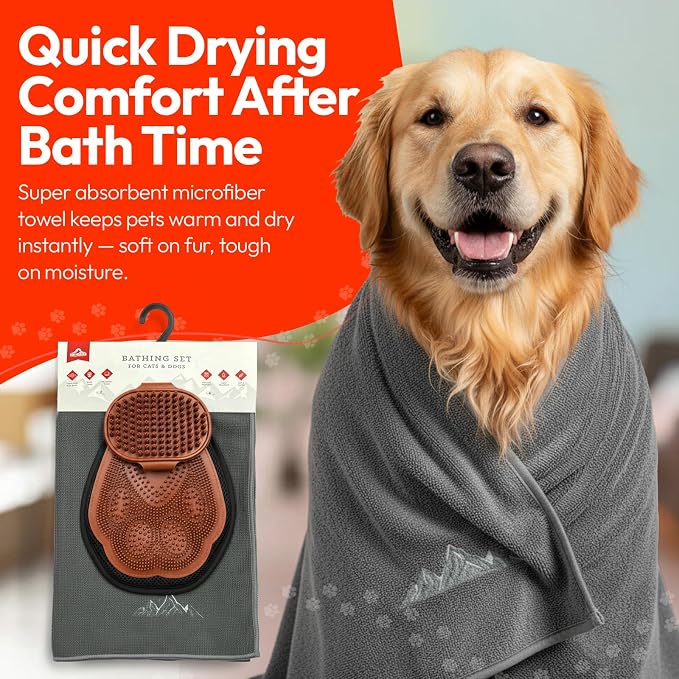 PM Pet Grooming Tools for Dogs & Cats- 3 Pack Dog Bathing Set- Safe On Skin Super-Absorbent Microfiber Towel – Soft & Gentle Brush Glove and Hand-Held Dog Bath Brush- Paw Mountain