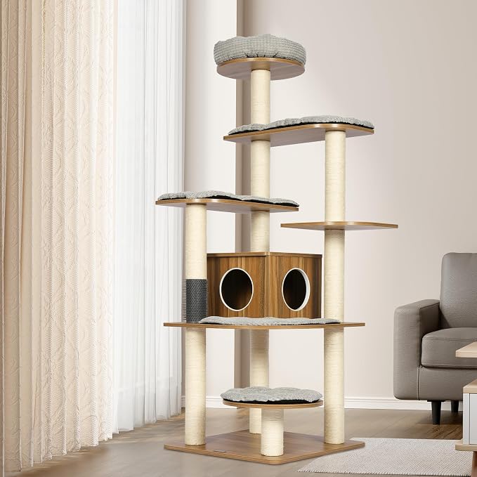 Solid Wood Cat Tree, 69” Large Tall Cat Tower Multi-Level Platforms with Sisal Scratching Posts, Cat Tree for Large Cats 20 lbs Heavy Duty, Cat Condo Furniture for Active Cats