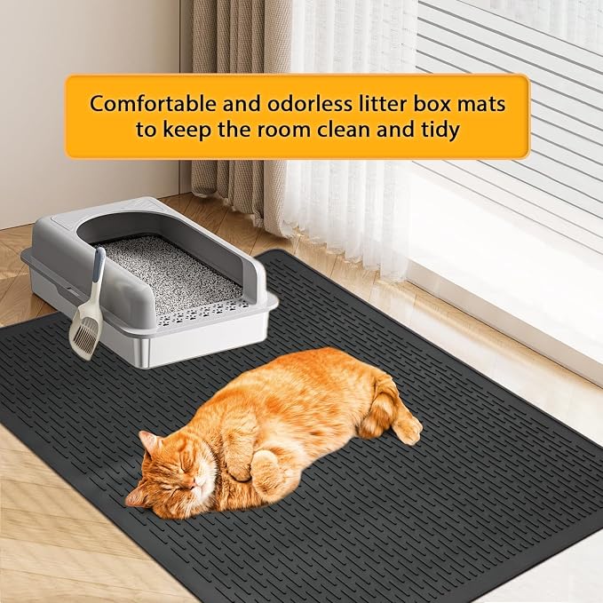 Cat Litter Mat, 39x27in Litter Box Mat Fits 1-2 Litter Boxes, Black | Large Litter Trapping Mat, Rubber Cat Mat with Raised Edges & Textured Surface, Non-Slip Bottom, Washable Easy Clean