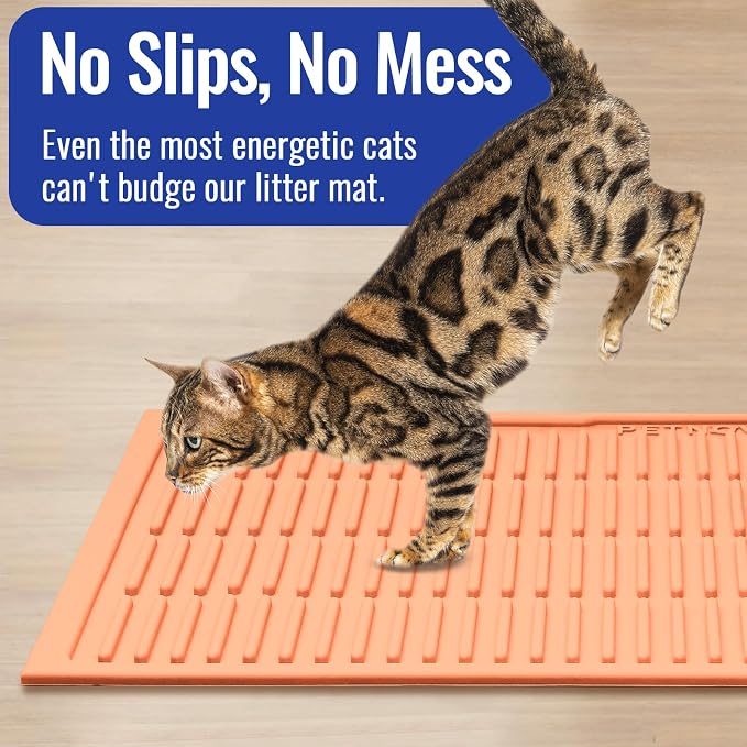 Easy Clean Litter Mat: 24" X 15" Silicone Groove Design Litter Trapping Mat Easy to Vacuum & Rinse - Waterproof Urineproof Surface for Floor - Non-Slip Backing for Kittens (Peach Pink)
