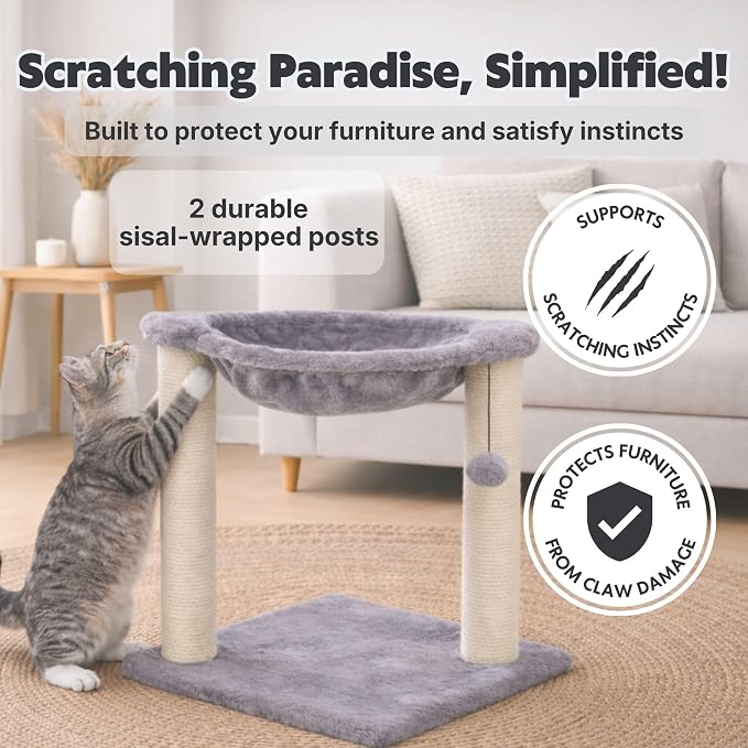 Trixie Baza Cat Scratching Posts, Gray, 15.7" L x 15.7" W x 19.7" H | Indoor Cat Furniture, Plush Hammock, Two Sisal Cat Scratching Posts, Dangling Toy Ball