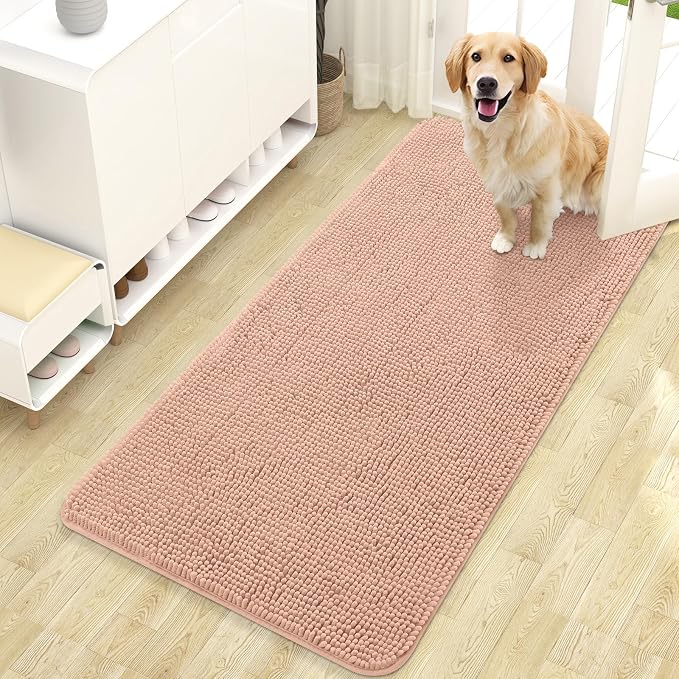 OLANLY Dog Door Mat for Muddy Paws 47x24, Super Absorbent Chenille Mud Mat | Peach, Absorbs Moisture and Dirt, Non-Slip Machine Washable Doormat, Quick-Drying Indoor Entryway Floor Carpet for Dogs