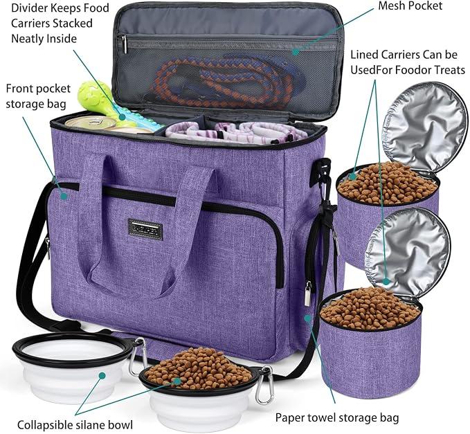 BAGLHER Dog Travel Bag, Airline Approved Pet Tote Organizer with Multi-Function Pockets, 2 X Food Storage Containers and 2 X Collapsible Bowls, Perfect Weekend Pet Travel Set for Dog, Cat Purple