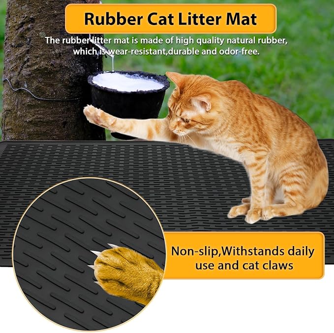 Cat Litter Mat, 39x27in Litter Box Mat Fits 1-2 Litter Boxes, Black | Large Litter Trapping Mat, Rubber Cat Mat with Raised Edges & Textured Surface, Non-Slip Bottom, Washable Easy Clean