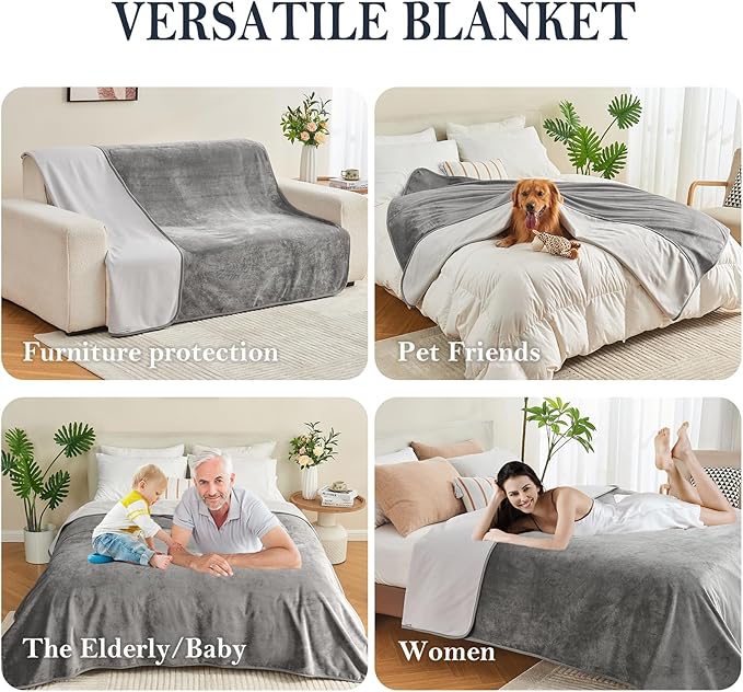 Waterproof Blanket 30"x40" for Dogs Cats, Reversible Waterproof Bed Cover for Pets, Soft Leakproof Blanket for Bed Couch Sofa Furniture Protector, Grey/Light Grey