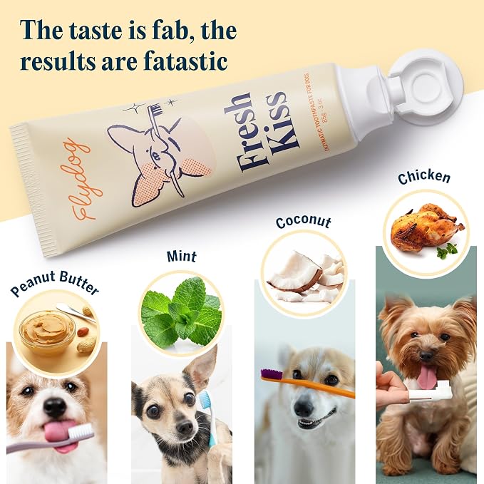 Fresh Kiss Enzymatic Dog Toothpaste All Flavors Set - Vet Approved Organic Fomula, Tartar Remover for Dogs, with Toothbrushing Calendar & Guide, Chicken & Coconut & Mint & Peanut Butter