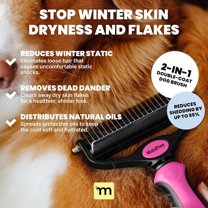 MalsiPree Dog Brush - Pink, 2-in-1 Undercoat & Dematting Rake | 2-in-1 undercoat rake & dematting brush - deshedding tool - Use for medium to large double-coated dogs & cats