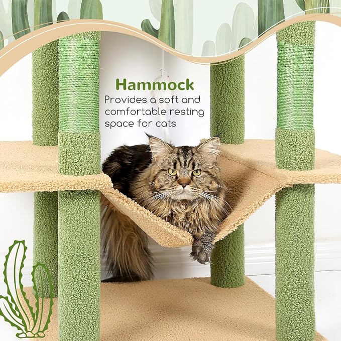 Globlazer Extra Tall Cat Tree Tower for Indoor Cats, 76in, F76, Cactus | Multi-Level Cat Furniture with Cozy Condos,Hammock and Perches for Large Adult Cats, Perfect for Climbing, Scratching