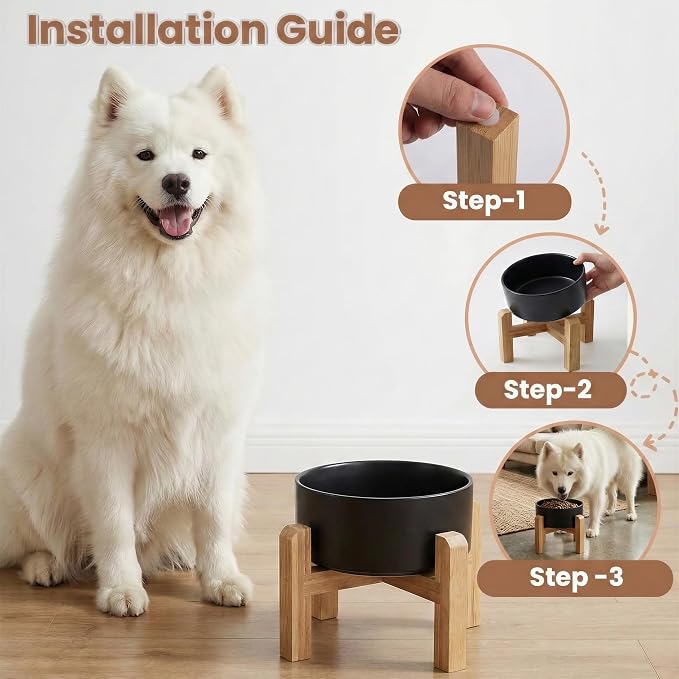 hjn Elevated Ceramic Dog Bowl with Bamboo Stand, Raised Pet Feeding Station for Small Medium Dogs Cats, Modern Design with Anti-Slip Base (Black, 7.6Cup)
