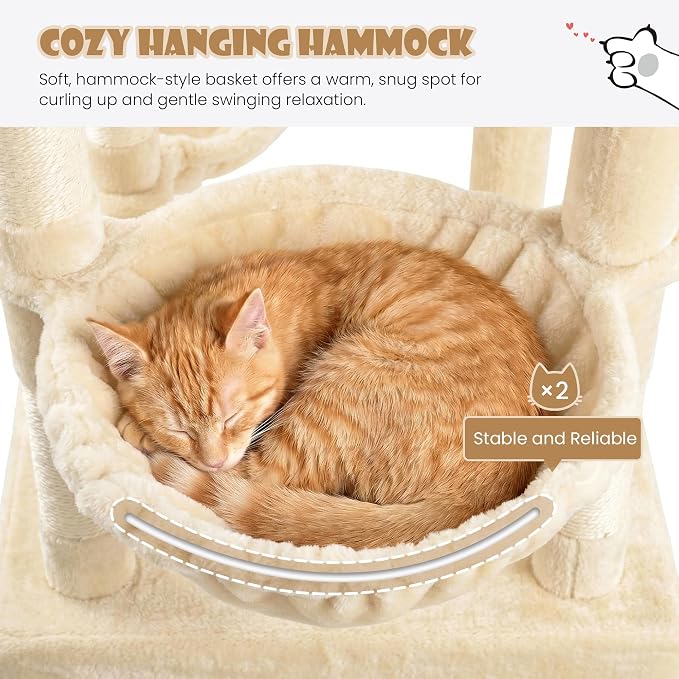 Sha Cerlin 87 in Multi-Level Tall Cat Tree Tower for Large Cats/Extra Wide Feline Activity Center/Sisal Scratching Posts/Wide Base/Cozy Plush Perches/Baskets/Hammocks/Toy Balls/Beige