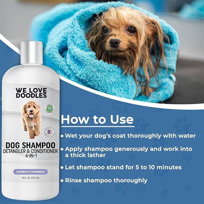 Dog Shampoo, Conditioner & Detangler, Hypoallergenic Tearless Lavender 16OZ | For Sensitive Itchy Skin, Hypoallergenic, Tearless, Best Shampoo For Smelly Dogs, Goldendoodle, Poodle & Doodle, Made in USA