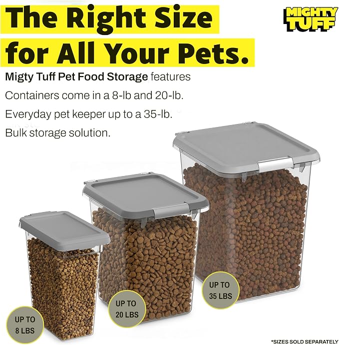 Mighty Tuff 35 lb Pet Food Storage Container with Airtight Lid, Clear | Secure lid clasp helps keep dog and cat food fresh while the clear container simplifies pantry organization.