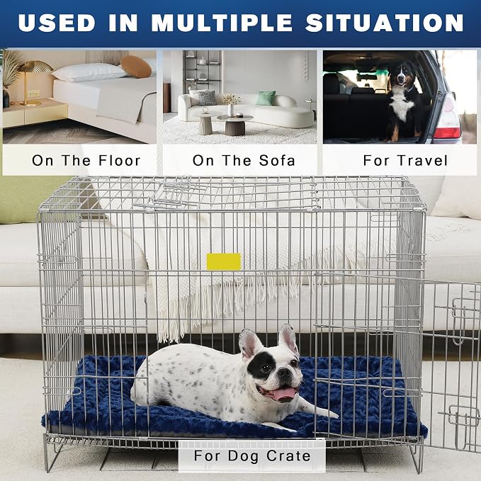 Exsnugy Washable Dog Bed Mat Medium Size Fluffy Pet Crate Pad 36x23 | Non-Slip Bottom Kennel Beds Ultra Soft Comfy Sleeping Mattress for Large Medium Small Dogs Blue