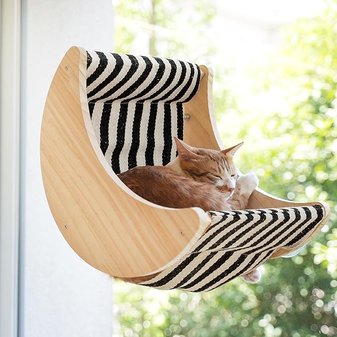 Cat Window Perch, Plywood Moon Bed with 4 Heavy-Duty Suction Cups | Window-Mounted, Drill-Free, Up to 40 lb Support, For Small to Medium Cats, Spacious Lounging Area, Machine-Washable Pad