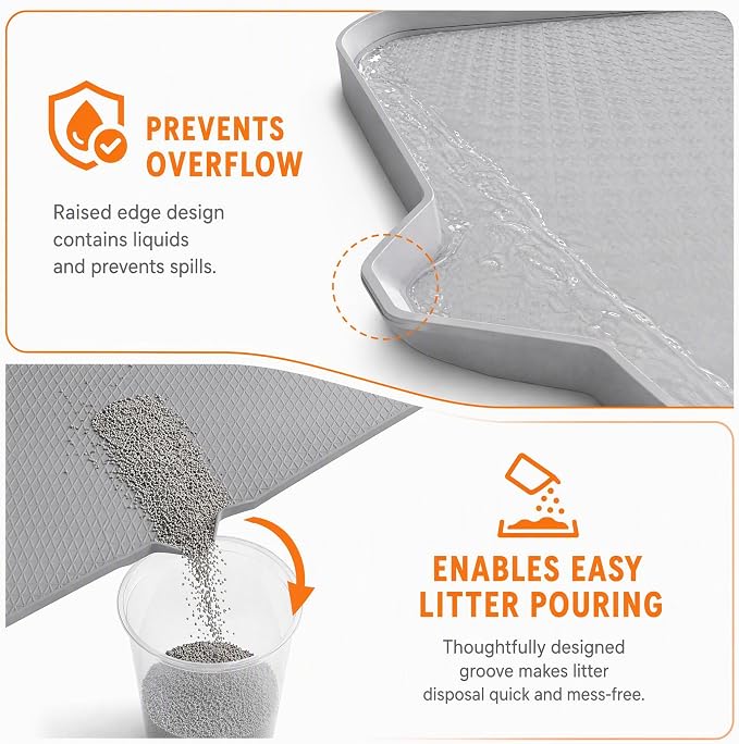 Cat Litter Mat, XL 40"x29.7" Silicone Litter Box Mat, Tilted Drain Spout | Litter Mat Fit 1-2 Boxes, Extra Wide Kitty Litter Mat, Waterproof Urine Proof, Non-Slip, Easy to Clean, High Edge