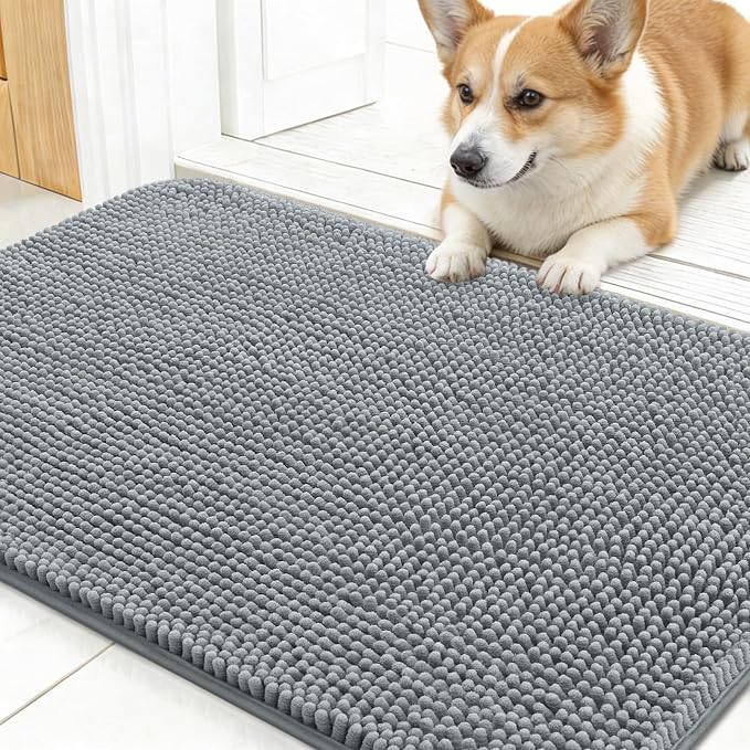 OLANLY Dog Door Mat for Muddy Paws 24x16, Super Absorbent Chenille Mud Mat | Grey, Absorbs Moisture and Dirt, Non-Slip Machine Washable Doormat, Quick-Drying Indoor Entryway Floor Carpet for Dogs