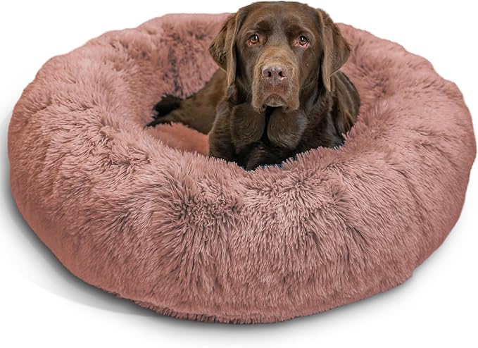 Best Friends by Sheri The Original Calming Donut Dog Bed for Large Dogs up to 100 lbs, Shag Faux Fur, Dusty Rose, 36" x 36"