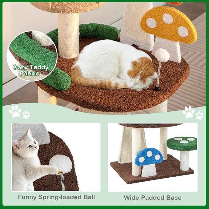 PETSITE Mushroom Cat Tree, 40.5-inch Tall Multi-Level Cat Tower with Natural Sisal Scratching Posts & Boards, Cat Condo and Spring Ball, Cute Cat Tree Tower for Indoor Cats Large Adults, Patented