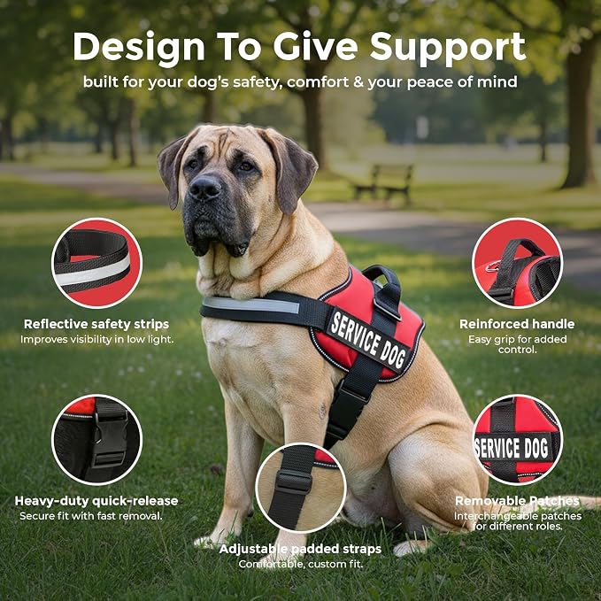 Industrial Puppy Service Dog Vest Harness - Durable & Adjustable Vest for Dog with Reflective Straps, Removable Patches, 50 ADA Cards, Handle & D-Ring, Travel and Daily Use, (Bright Red, XL 30"-39")