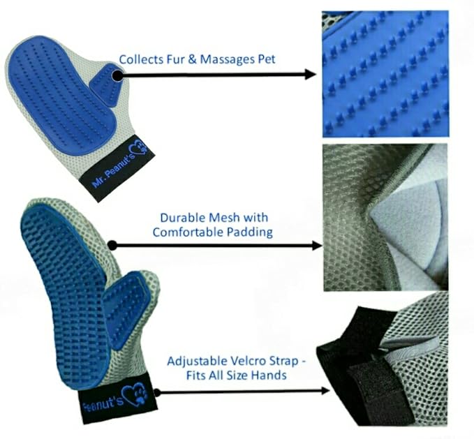 Mr. Peanut’s Pet Grooming Glove – Deshedding Hair Removal Mitt with Gentle Silicone Tips, Adjustable Wrist Strap & Breathable Mesh; Perfect for Dogs, Cats, Rabbits & Small Pets (Pack of 2)